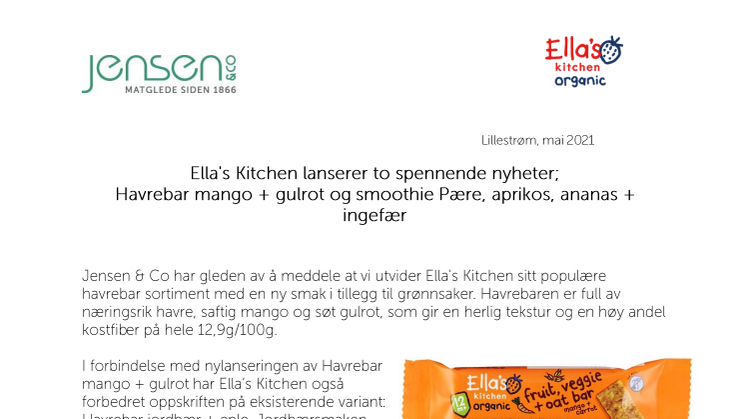 Ella's Kitchen lanserer to spennende nyheter; Havrebar mango + gulrot og smoothie Pære, aprikos, ananas + ingefær 