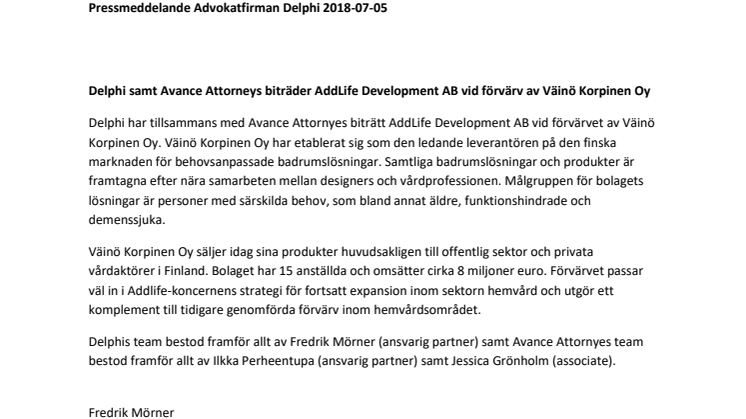 Delphi samt Avance Attorneys biträder AddLife Development AB vid förvärv av Väinö Korpinen Oy