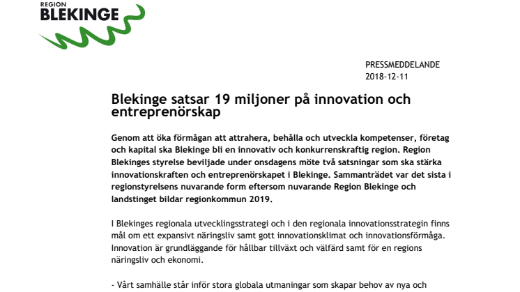 ​Blekinge satsar 19 miljoner på innovation och entreprenörskap