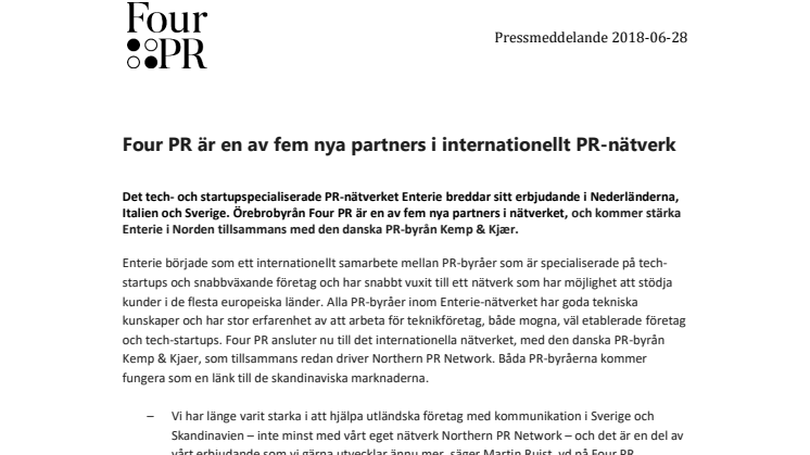 Four PR är en av fem nya partners i internationellt PR-nätverk