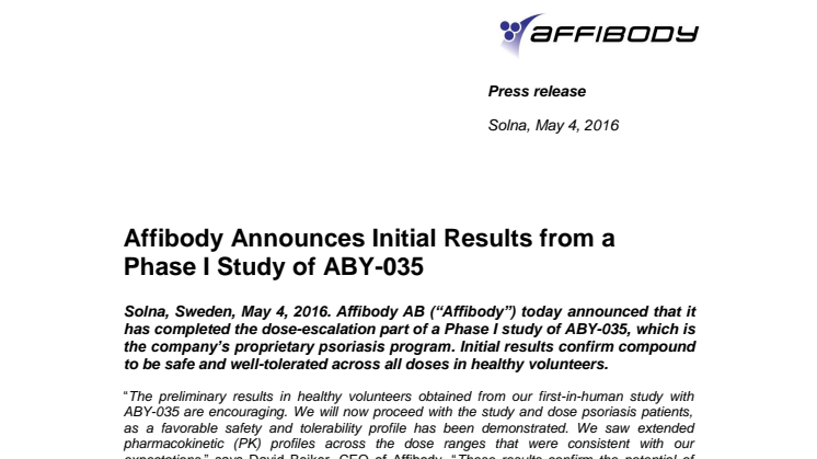 Affibody Announces Initial Results from a Phase I Study of ABY-035