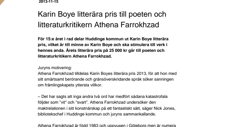 Karin Boyes litterära pris till poeten och litteraturkritikern Athena Farrokhzad