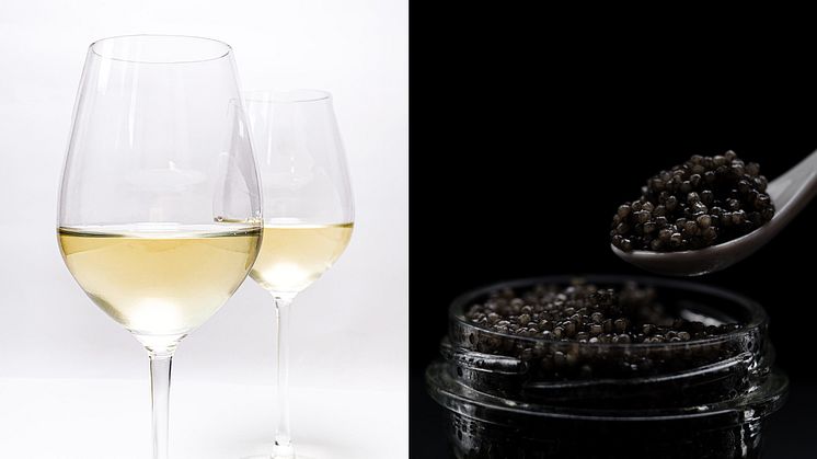 Forskare vill kartlägga samspelet mellan lokalproducerat vitt/mousserande vin från Kullaberg och svart kaviar från Strömsnäsbruk. Foto: Anastasiia Rozumna/Unsplash och Oleg Samoylov/Shutterstock