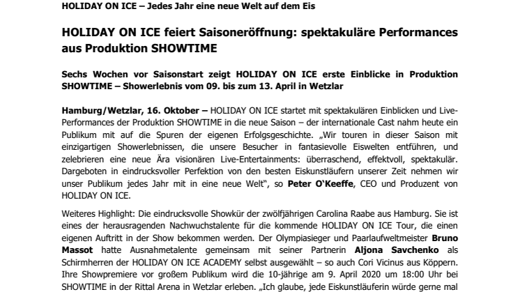 HOLIDAY ON ICE feiert Saisoneröffnung: spektakuläre Performances aus Produktion SHOWTIME