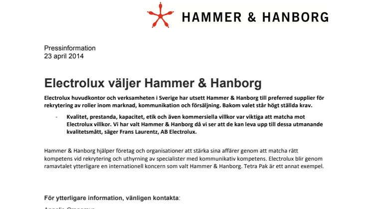 Electrolux väljer Hammer & Hanborg