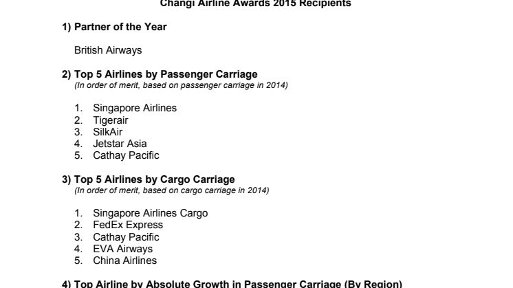 Annex A - Changi Airline Awards 2015 Recipients