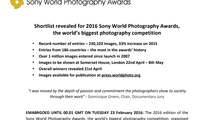 Maailman suurimman valokuvakilpailun, Sony World Photography Awardsin vuoden 2016 finalistit on julkistettu