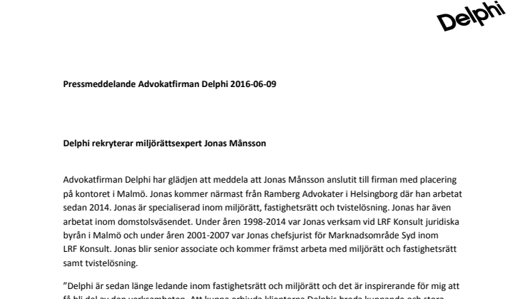 Delphi rekryterar miljörättsexpert Jonas Månsson