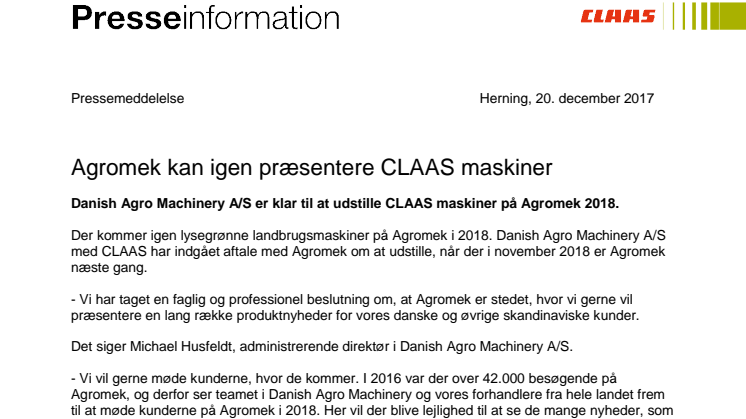 Agromek kan igen præsentere CLAAS maskiner 