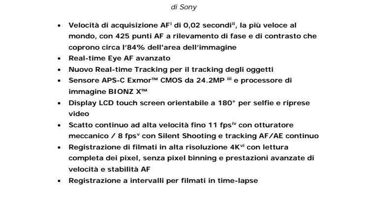 Sony lancia la fotocamera mirrorless di prossima generazione α6400 con Real-time Eye Autofocus, Real-time Tracking e l’Autofocus più veloce del mondo