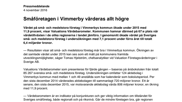 Värdebarometern 2015 Vimmerbys kommun