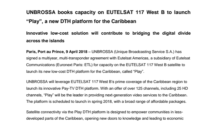 UNBROSSA books capacity on EUTELSAT 117 West B to launch “Play”, a new DTH platform for the Caribbean 
