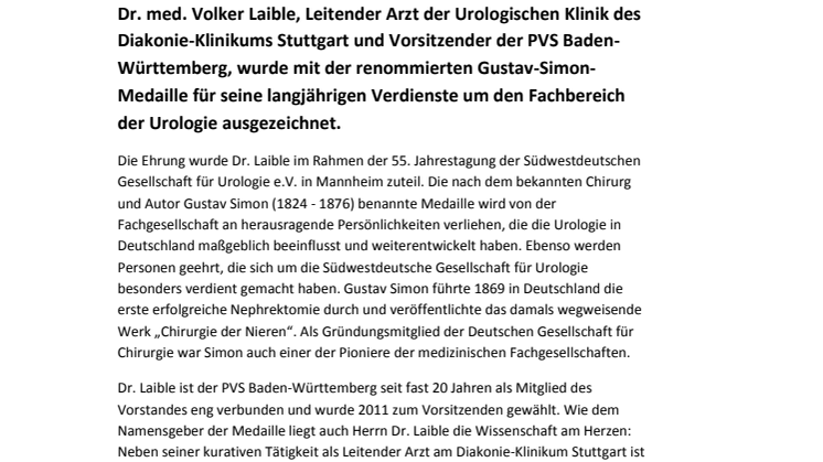Gustav-Simon-Medaille an Dr. med. Volker Laible verliehen