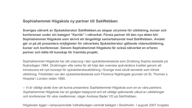 Sophiahemmet Högskola ny partner till SskWebben