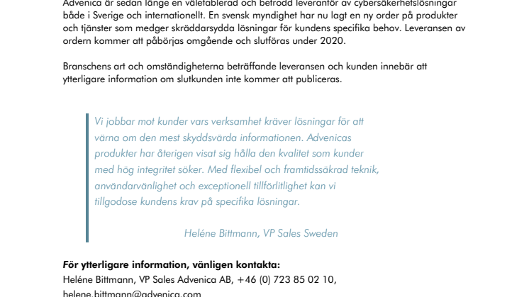 Svensk kund lägger ny order, värd 6,5 MSEK, på Advenicas produkter och tjänster 