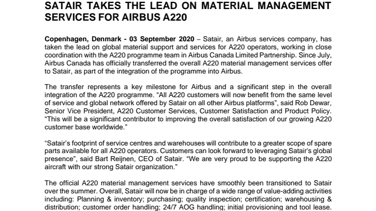 SATAIR TAKES THE LEAD ON MATERIAL MANAGEMENT SERVICES FOR AIRBUS A220  