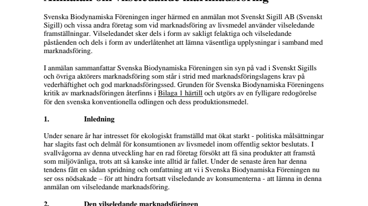 Anmälan av Svenskt Sigill