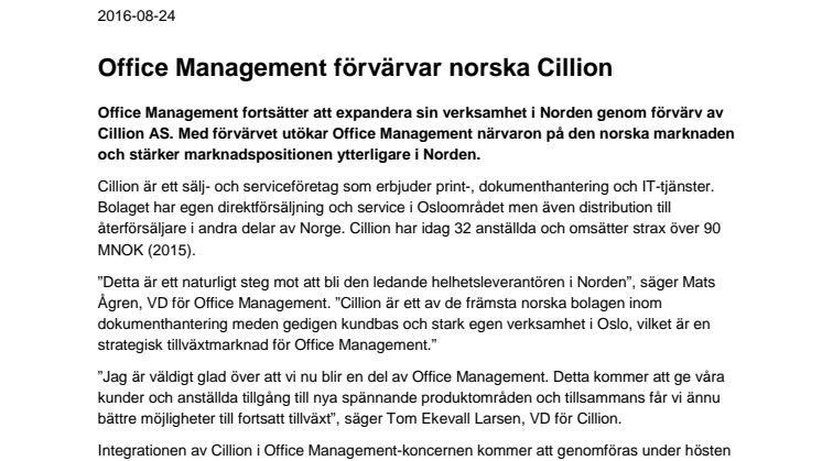 Office Management förvärvar norska Cillion