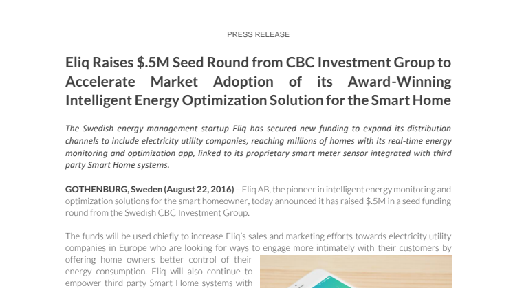 Eliq Raises $.5M Seed Round from CBC Investment Group to Accelerate Market Adoption of its Award-Winning Intelligent Energy Optimization Solution for the Smart Home