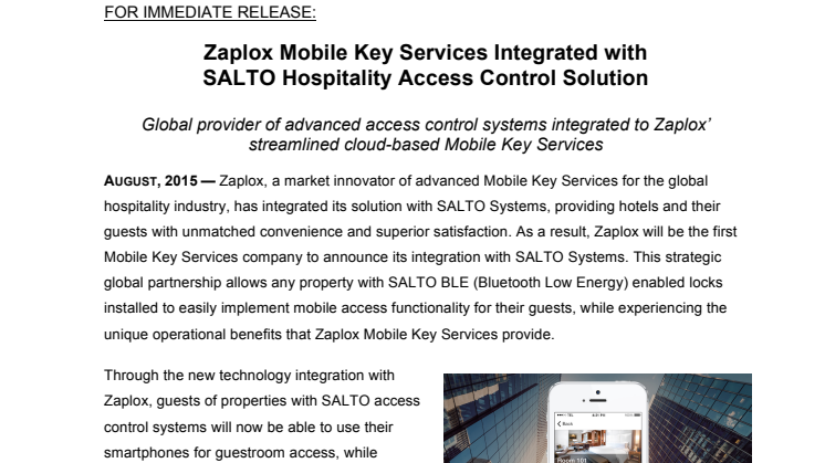 Zaplox Mobile Key Services Integrated with SALTO Hospitality Access Control Solution