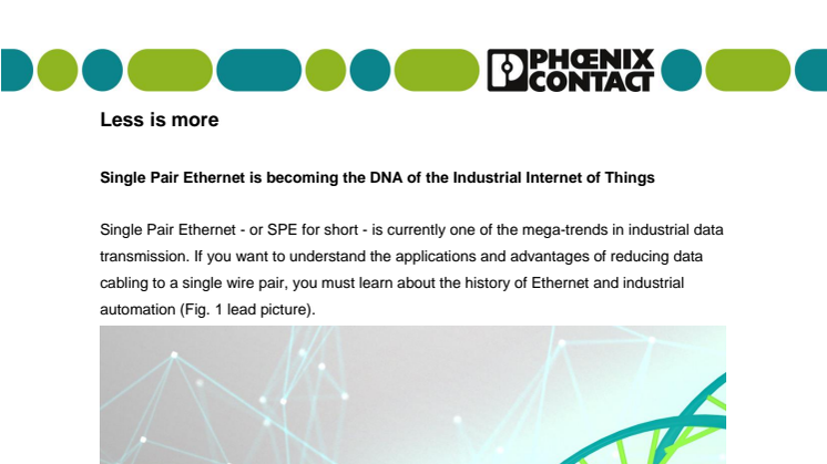 Single Pair Ethernet is becoming the DNA of the Industrial Internet of Things 