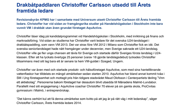 Drakbåtpaddlaren Christoffer Carlsson utsedd till Årets framtida ledare