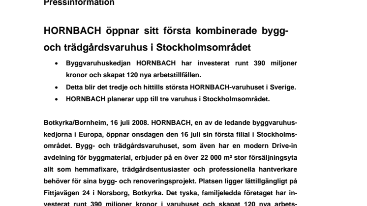 HORNBACH öppnar sitt första kombinerade bygg- och trädgårdsvaruhus i Stockholmsområdet