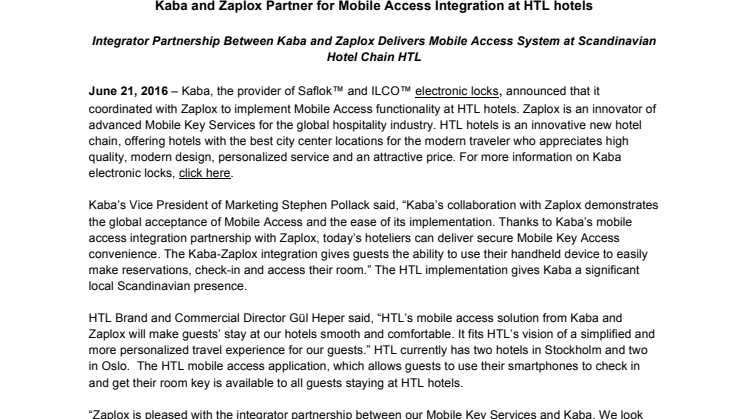  Kaba and Zaplox Partner for Mobile Access Integration at HTL hotels
