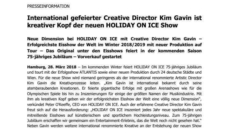 International gefeierter Creative Director Kim Gavin ist kreativer Kopf der neuen HOLIDAY ON ICE Show