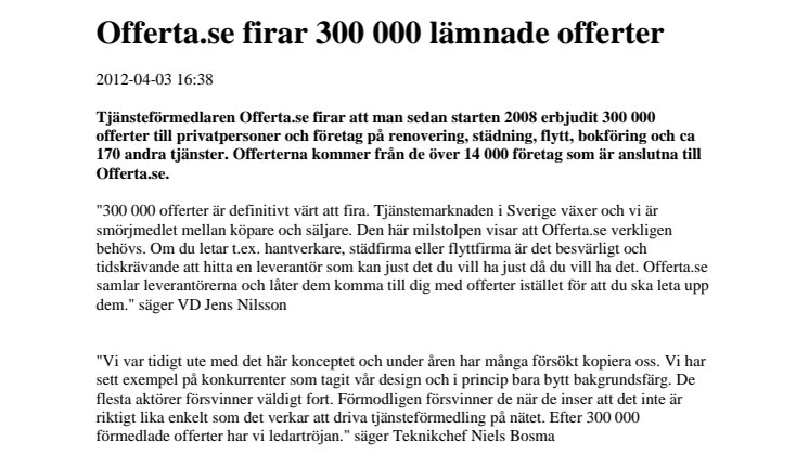 Offerta.se firar 300 000 lämnade offerter