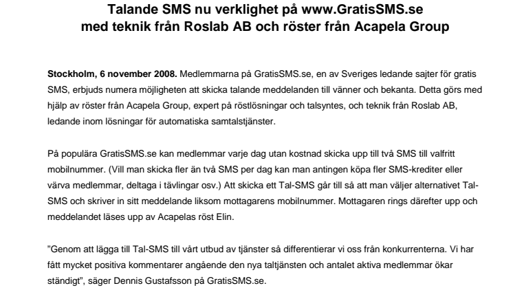 Talande SMS nu verklighet på www.GratisSMS.se med teknik från Roslab AB och röster från Acapela Group