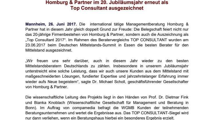 Homburg & Partner im 20. Jubiläumsjahr erneut als  Top Consultant ausgezeichnet 