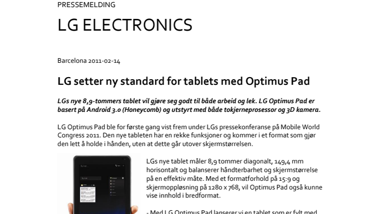 LG setter ny standard for tablets med Optimus Pad
