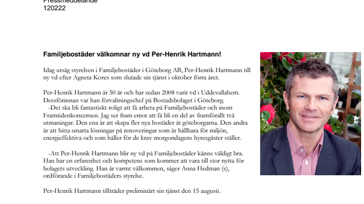 Familjebostäder välkomnar ny vd Per-Henrik Hartmann!