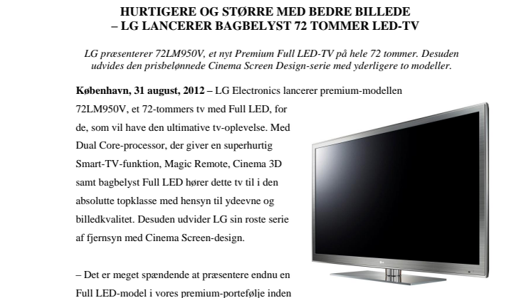 HURTIGERE OG STØRRE MED BEDRE BILLEDE - LG LANCERER BAGBELYST 72 TOMMER LED-TV