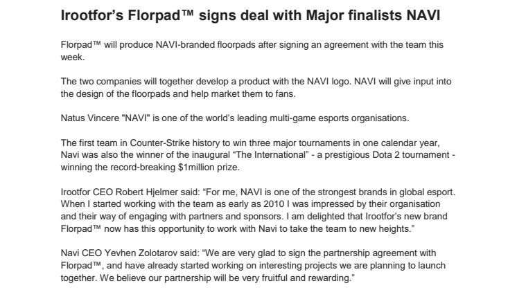 Irootfor’s Florpad™ signs deal with Major finalists NAVI