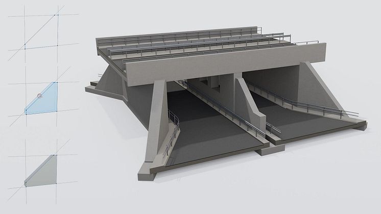 Allplan Bridge 2023 introduit avec la modélisation paramétrique libre une nouvelle méthode de modélisation. Elle permet la modélisation paramétrique d'un pont entier ou de ses sous-éléments, librement dans l'espace 3D. Copyright : ALLPLAN.