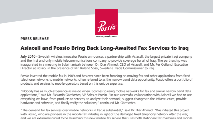 Asiacell and Possio Bring Back Long-Awaited Fax Services to Iraq 