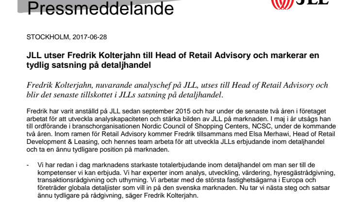 JLL utser Fredrik Kolterjahn till Head of Retail Advisory och markerar en tydlig satsning på detaljhandel