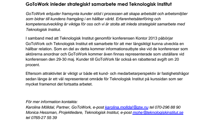 GoToWork inleder strategiskt samarbete med Teknologisk Institut