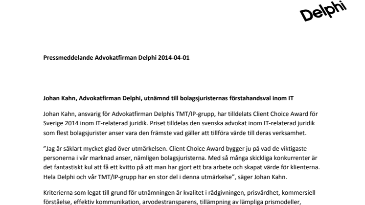 Johan Kahn, Advokatfirman Delphi, utnämnd till bolagsjuristernas förstahandsval inom IT 