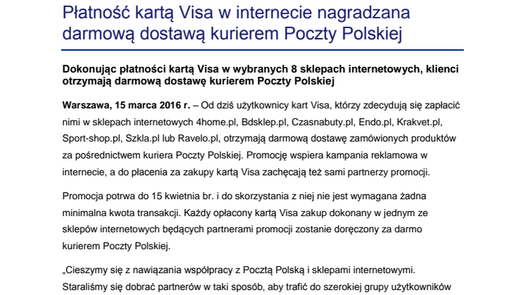 Płatność kartą Visa w internecie nagradzana darmową dostawą kurierem Poczty Polskiej