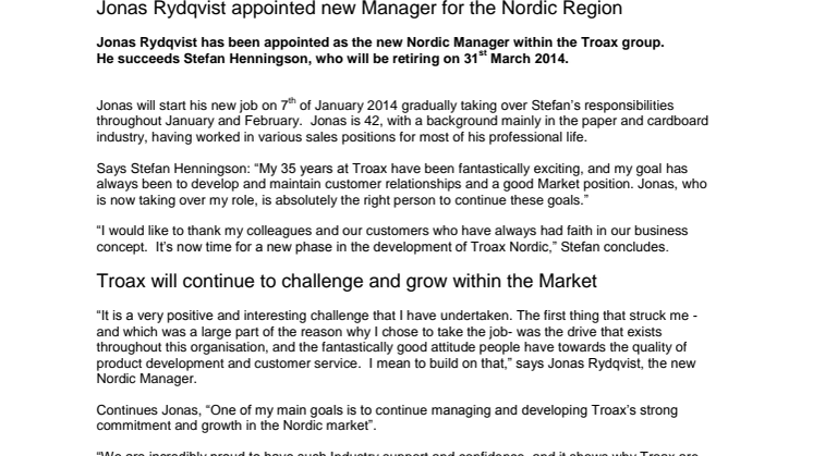 Jonas Rydqvist appointed new Manager for the Nordic Region