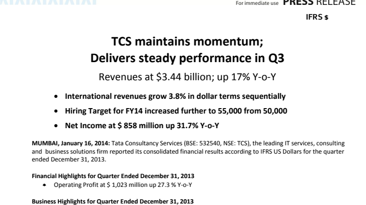 TCS maintains momentum; Delivers steady performance in Q3.