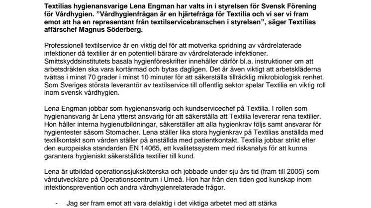 Svensk Förening för Vårdhygien väljer in Textilias hygienansvarige i styrelsen