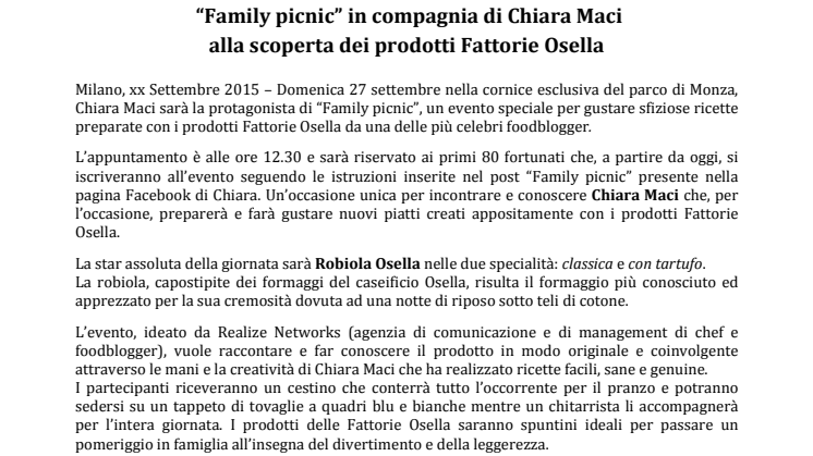 “Family picnic” in compagnia di Chiara Maci alla scoperta dei prodotti Fattorie Osella