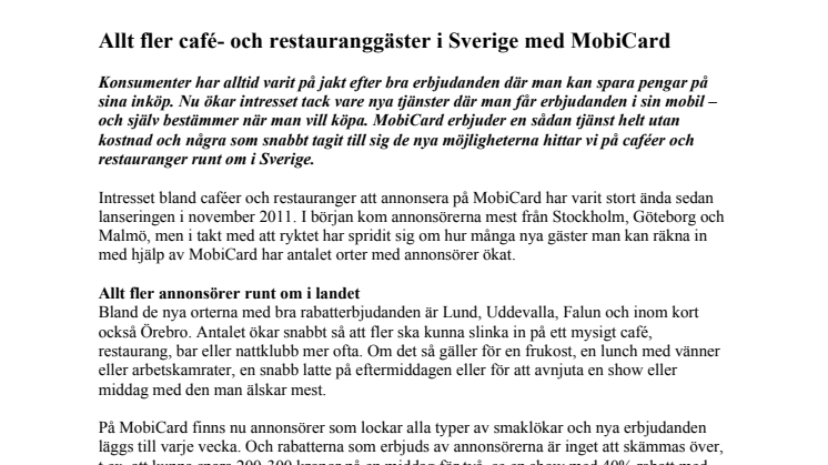 Allt fler café- och restauranggäster i Sverige med MobiCard