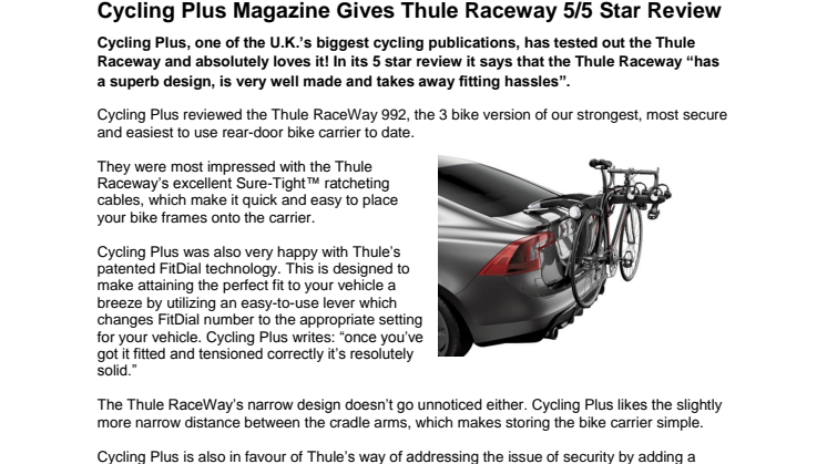 Cycling Plus Magazine Gives Thule Raceway 5/5 Star Review