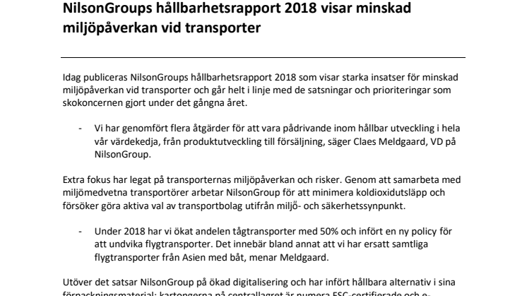 Nilson Groups hållbarhetsrapport 2018 visar minskad miljöpåverkan vid transporter 