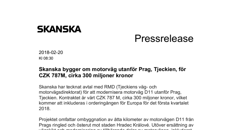 Skanska bygger om motorväg utanför Prag, Tjeckien, för CZK 787M, cirka 300 miljoner kronor